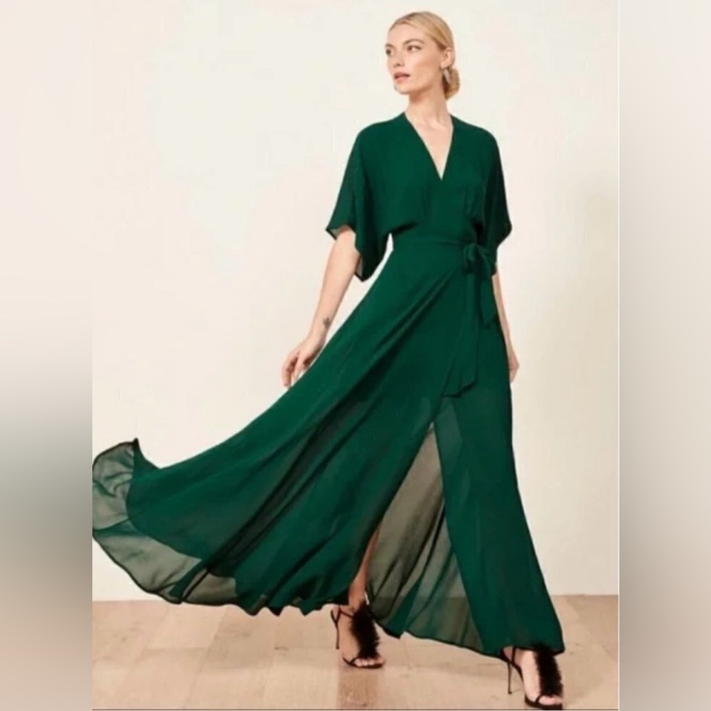 Reformation Deep Green Flowing Maxi Wrap Dress